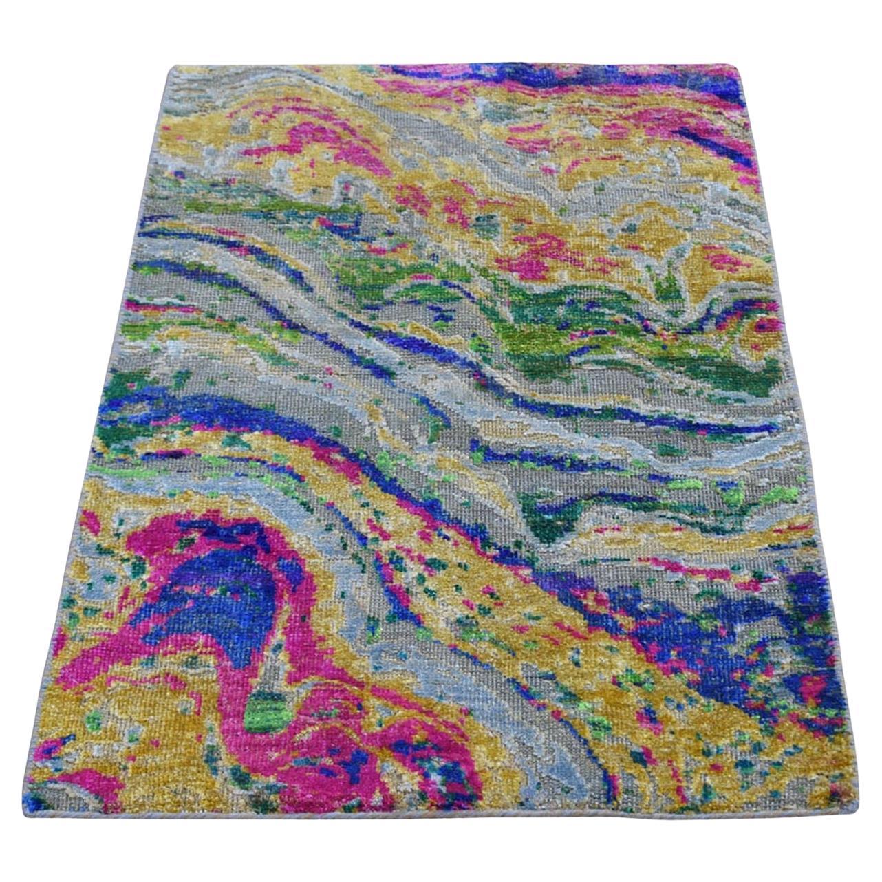 2'x3' THE LAVA, Sari Silk With Textured Wool Hand Knotted Oriental Rug For Sale