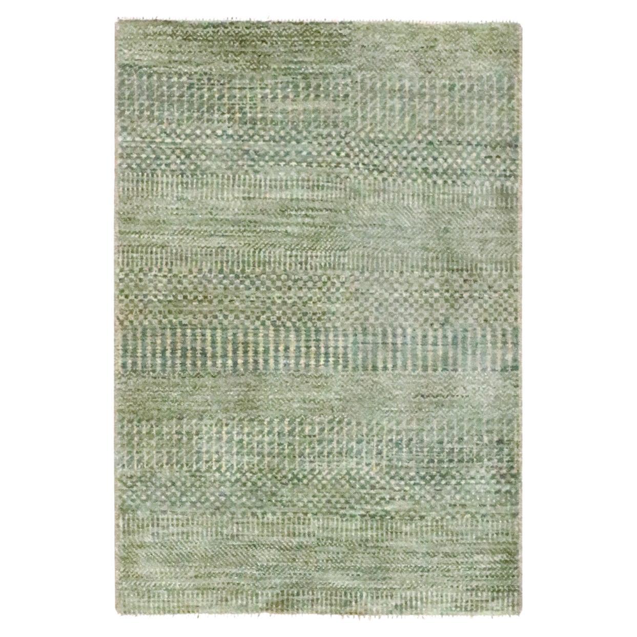 2'x3' Umber Brown Modern Grass Design Hand Knotted Wool and Silk Mat Rug For Sale