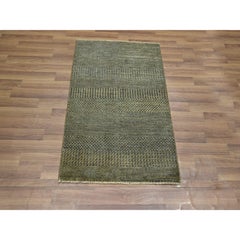 2'x3' Umber Brown Modern Grass Design Hand Knotted Wool with Silk Mat Rug