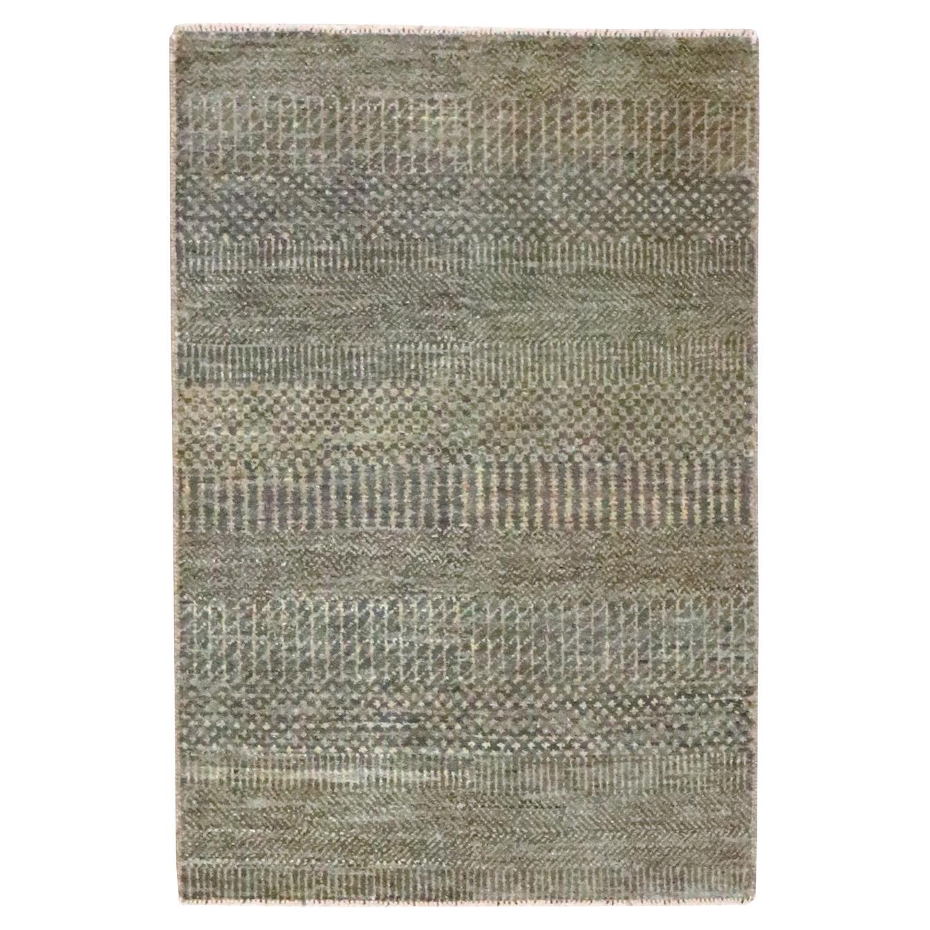 2'x3' Umber Brown Modern Grass Design Hand Knotted Wool with Silk Mat Rug