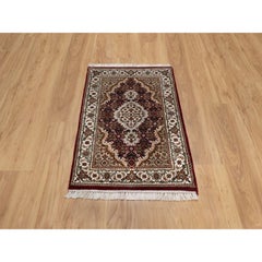 2'x3' Vermilion Red Tabriz Mahi with Fish Design Soft Wool Hand Knotted Rug