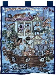 2X3 Vintage French Tapestry Noah's Ark Blue Human Figures Animals 61cmx 82cm
