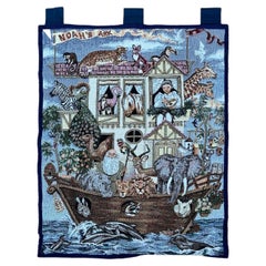 2X3 Vintage French Tapestry Noah's Ark Blue Human Figures Animals 61cmx 82cm