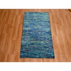 2'x3' Vivid Blue Plain Solid Design Hand Knotted Pure Sari Silk Mat Rug