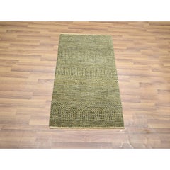 2'x3' Walnut Brown Modern Grass Design Hand Knotted Wool with Silk Mat Rug