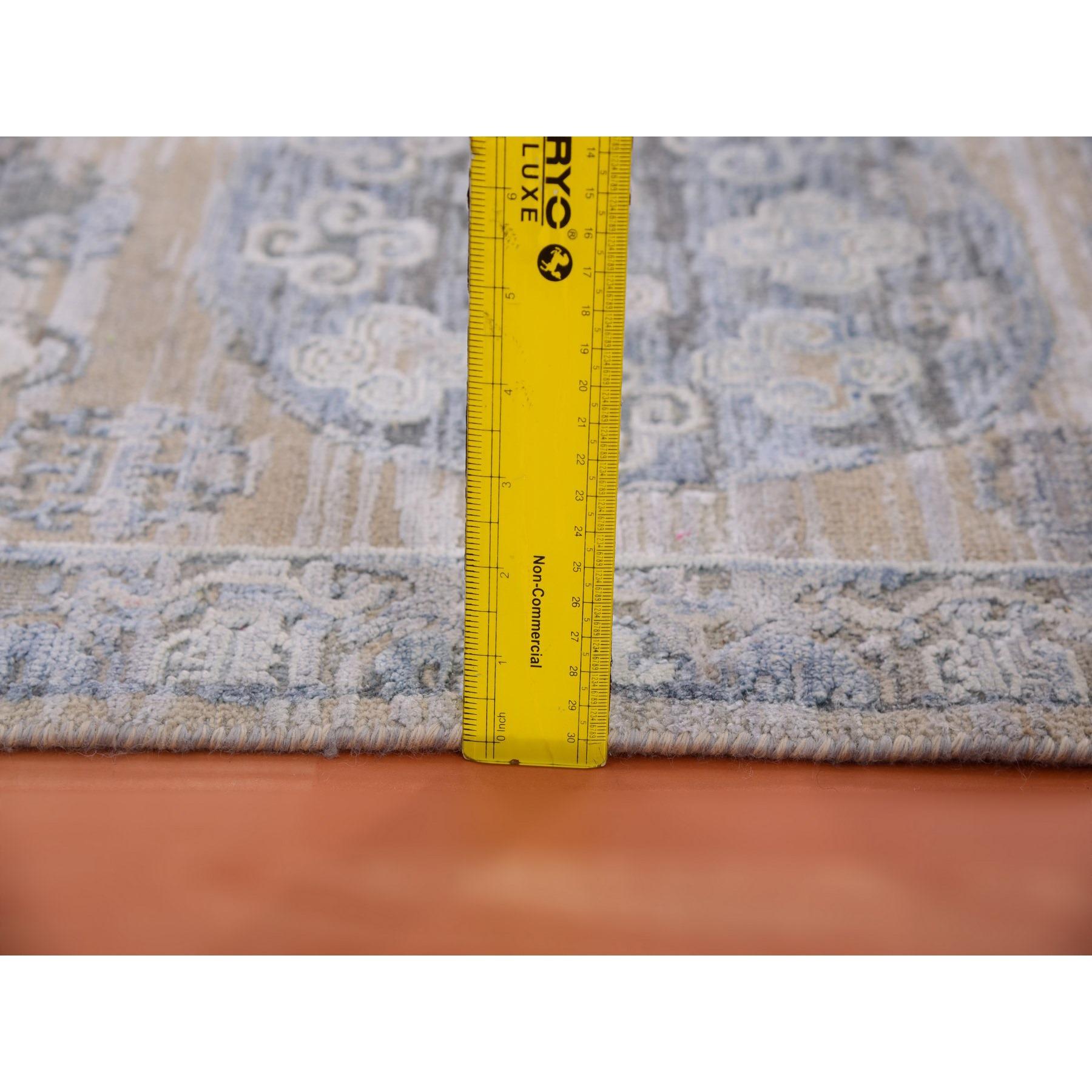 Medieval 2'x3' Warm Gray Khotan Design Hand Knotted Silk with Textured Wool Mat Rug For Sale