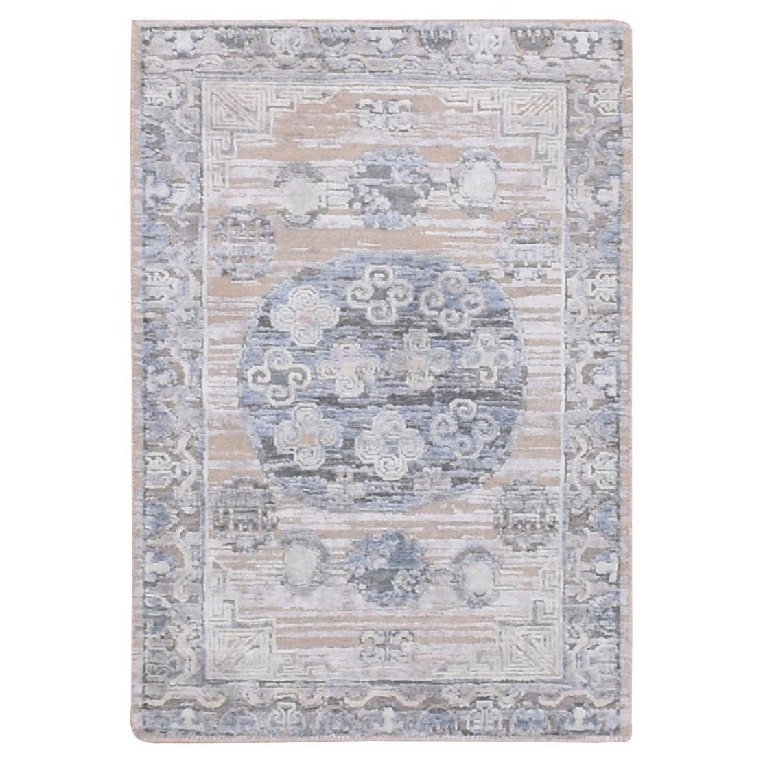 2'x3' Warm Gray Khotan Design Hand Knotted Silk with Textured Wool Mat Rug For Sale