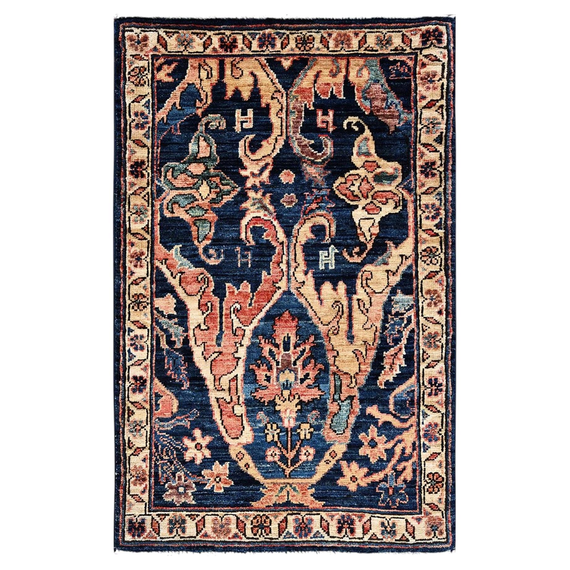 2'x3' Yale Blue Bijar Garus Design Aryana Grade Hand Knotted Wool Mat Rug