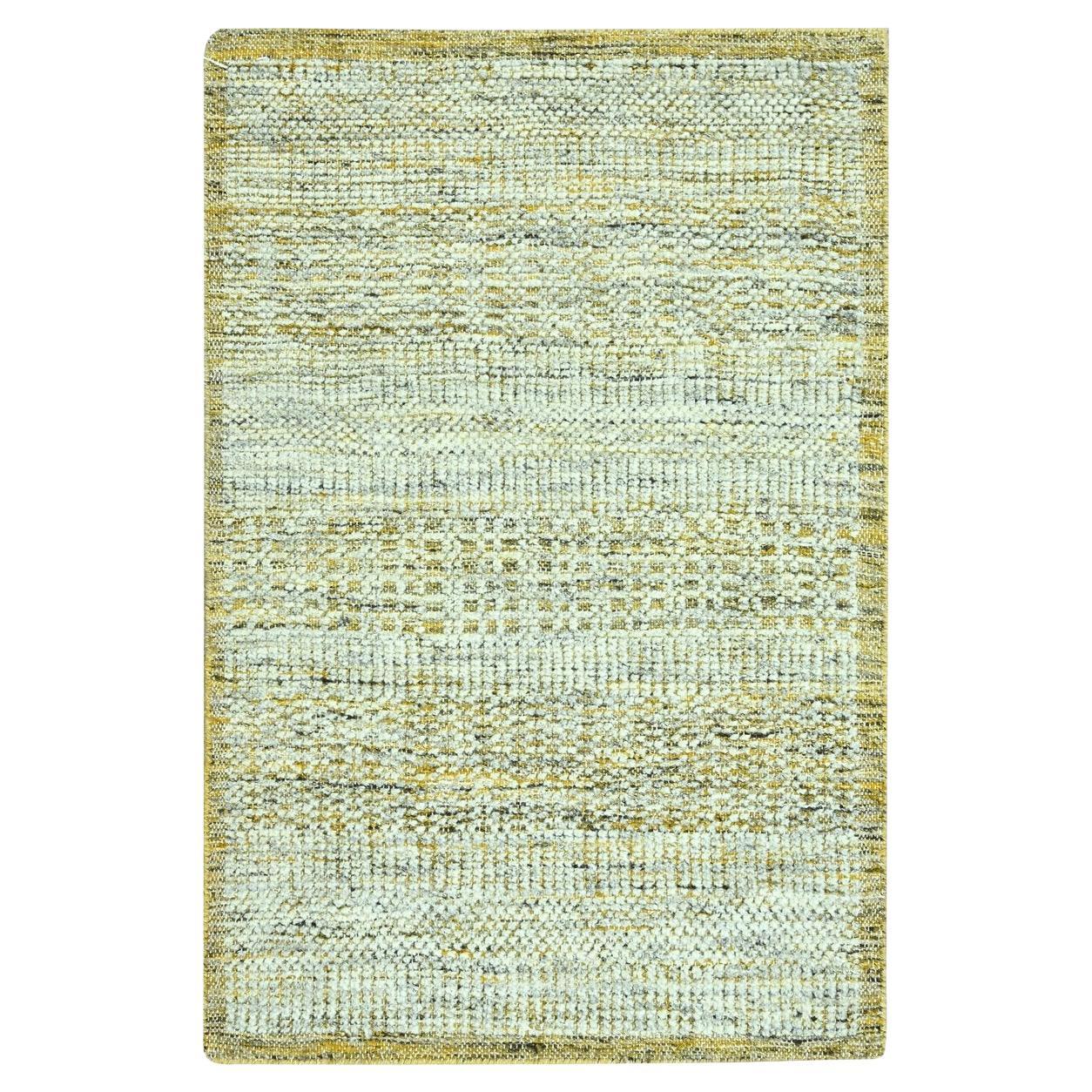 2'x3' Yellow Hand Knotted 100% Wool Oxidized and Distressed Grass Design Rug