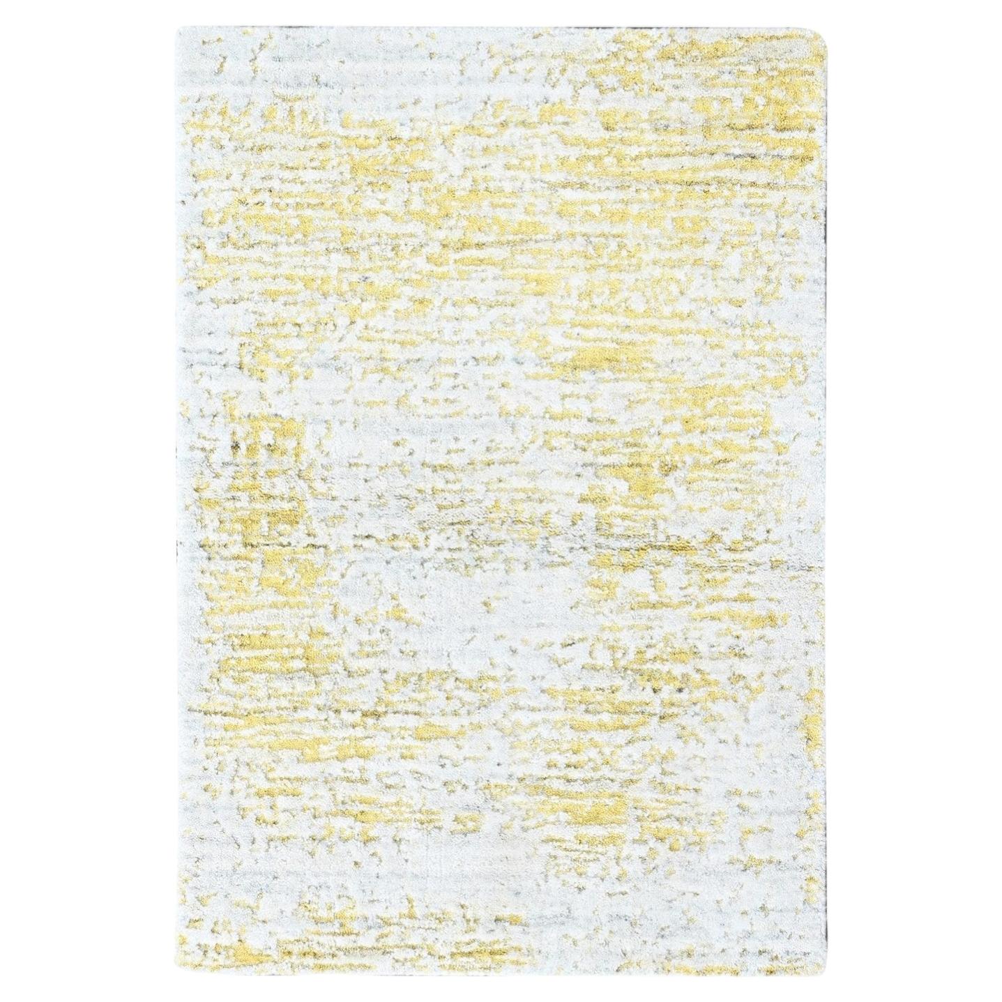 2'x3' Yellow Modern Design Hand Loomed Wool and Silk Mat Oriental Rug For Sale