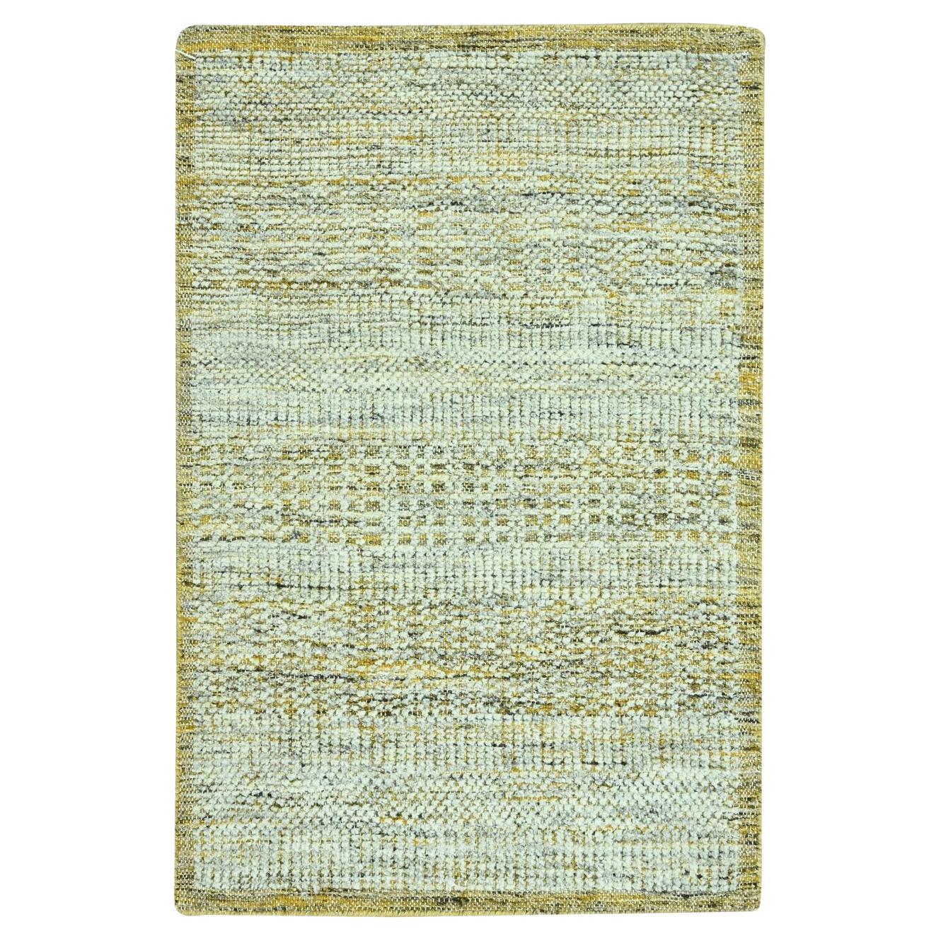 2'x3' Yellow Oxidized and Distressed Grass Design Hand Knotted Pure Wool Rug