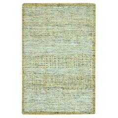 2'x3' Yellow Oxidized and Distressed Grass Design Hand Knotted Pure Wool Rug