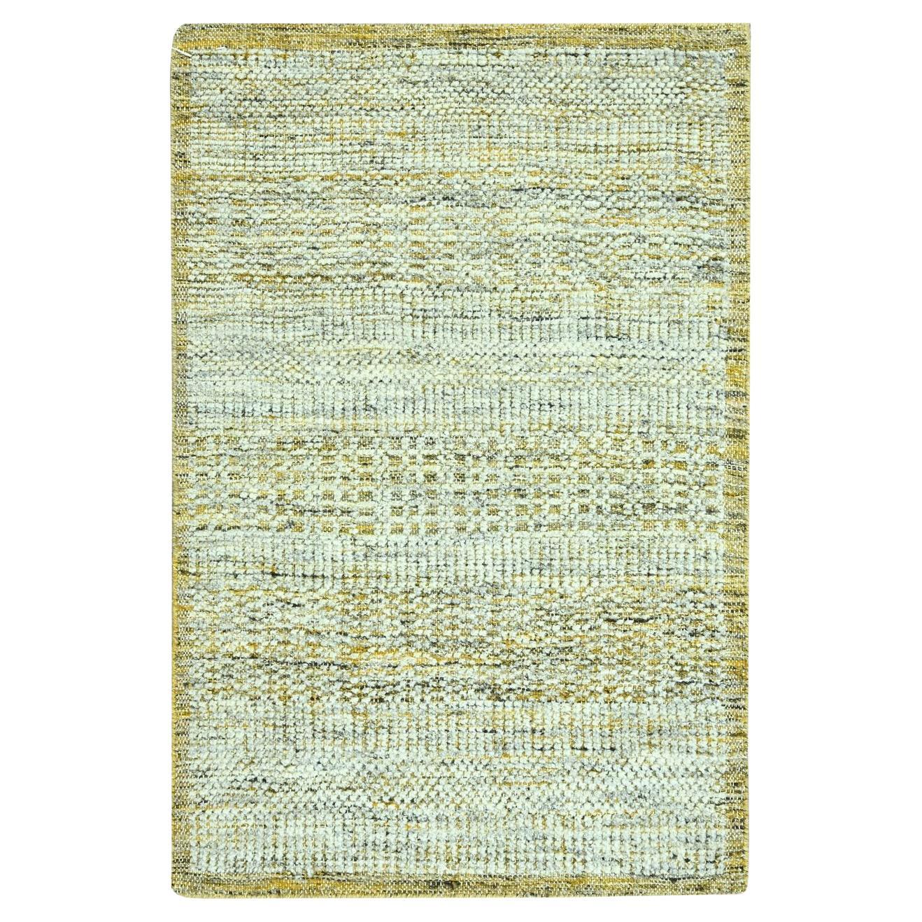 2'x3' Yellow Oxidized and Distressed Grass Design Hand Knotted Pure Wool Rug
