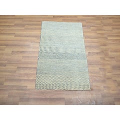 2'x3' Yonder Blue Hand Knotted Wool with Silk Modern Grass Design Mat Rug
