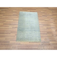 2'x3' Yonder Blue Hand Knotted Wool with Silk Modern Grass Design Mat Rug