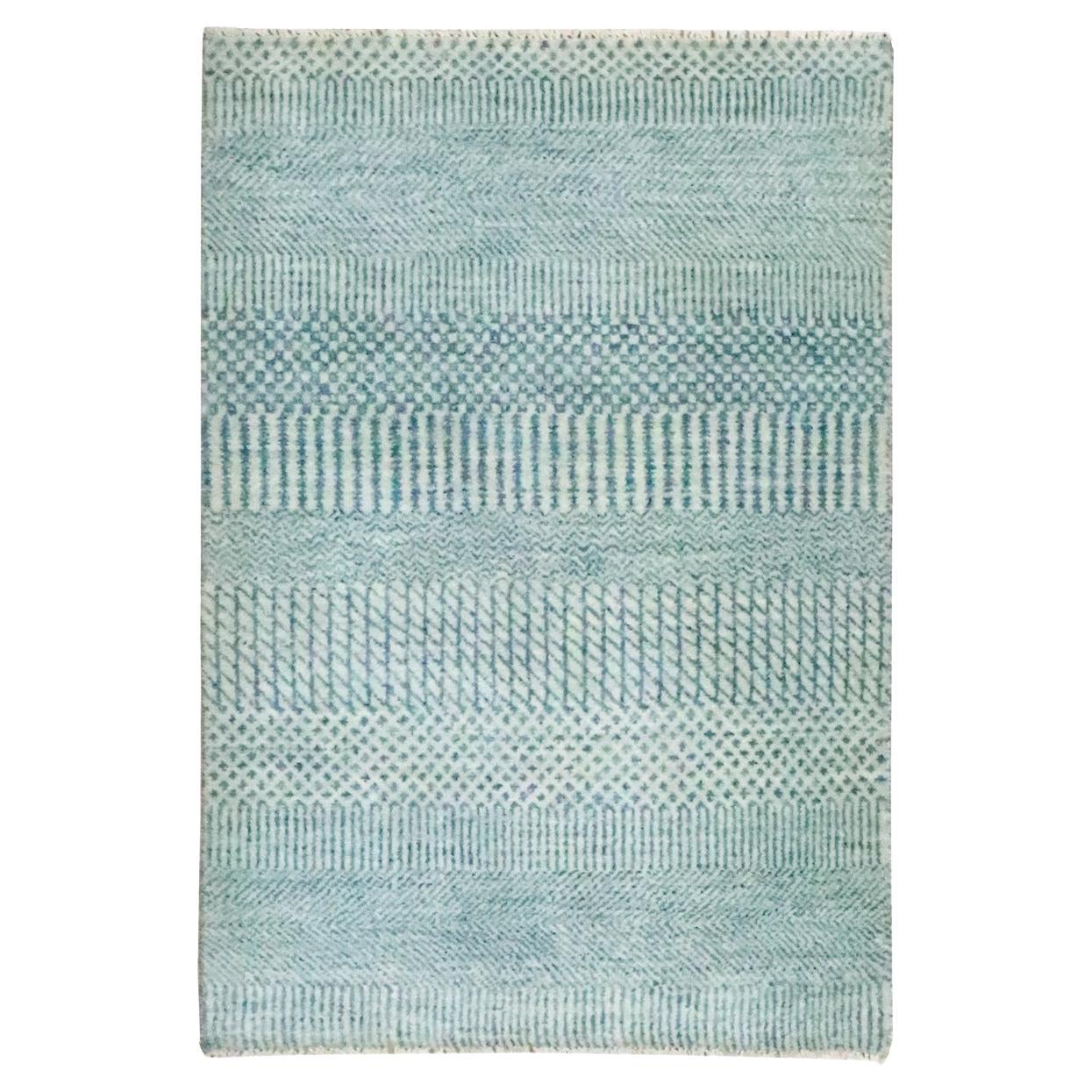 2'x3' Yonder Blue Hand Knotted Wool with Silk Modern Grass Design Mat Rug