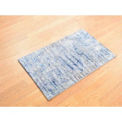 2'x3'1" Blue, ERASED ROSSETS, Silk with Textured Wool, Hand Knotted Sample Rug