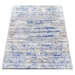2'x3'1" Blue, ERASED ROSSETS, Silk with Textured Wool, Hand Knotted Sample Rug
