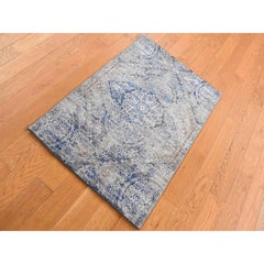 2'x3'1" Blue, Silk with Wool, Hand Knotted, ERASED ROSSETS, Sample Rug