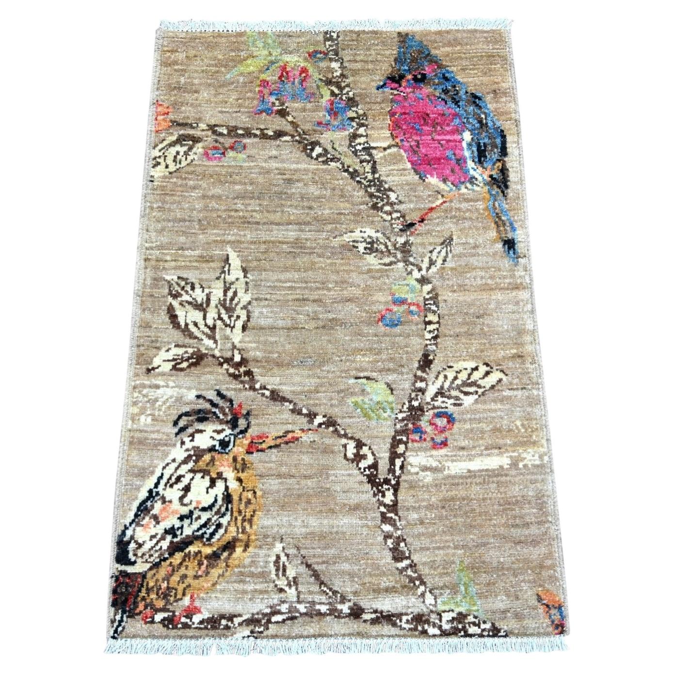2'x3'1" Brown Sparrows on the Tree, Peshawar Hand Knotted Soft Wool Mat Rug For Sale
