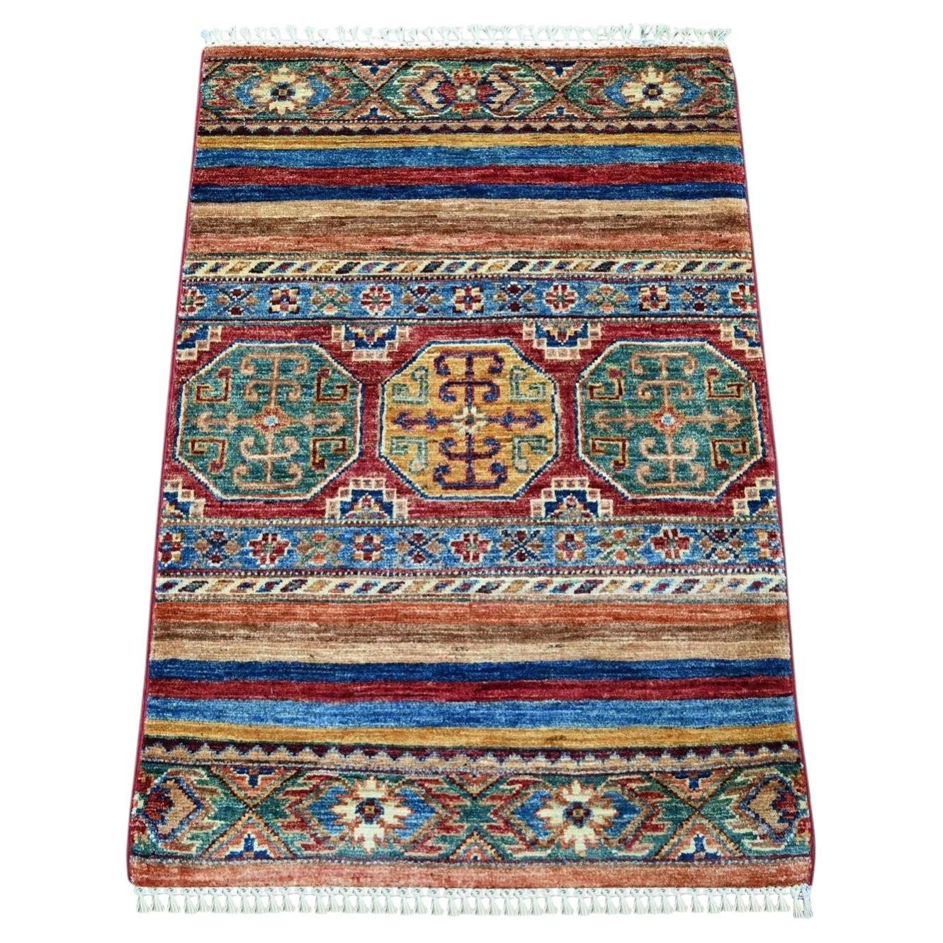 2'x3'1" Colorful Afghan Super Kazak Khorjin Design Hand Knotted Wool Rug