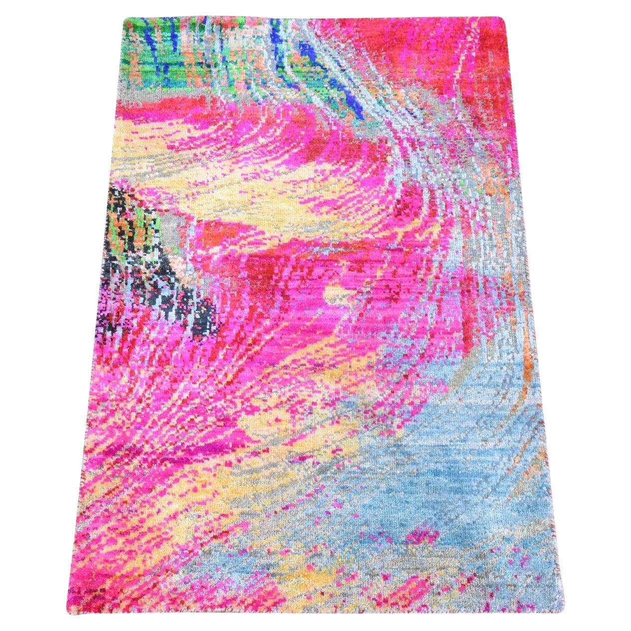 2'x3'1" Fuscia Rosa Sari Seide Modernes Design Muster Hand geknüpft Matte Teppich im Angebot