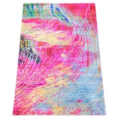 2'x3'1" Fuscia Rosa Sari Seide Modernes Design Muster Hand geknüpft Matte Teppich
