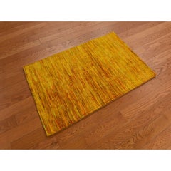 2'x3'1" Gold Color Plain Solid Design Sample Pure Sari Silk Hand Knotted Rug