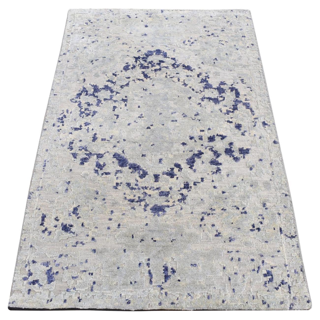 2
x3
1" Gray Cypress Tree Medallion Silk and Wool Hand Knotted Sample Rug For Sale