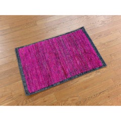 2'x3'1" Hot Pink Sari Silk with Oxidized Wool Sample Hand Knotted Rug