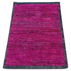 2'x3'1" Hot Pink Sari Silk with Oxidized Wool Sample Hand Knotted Rug