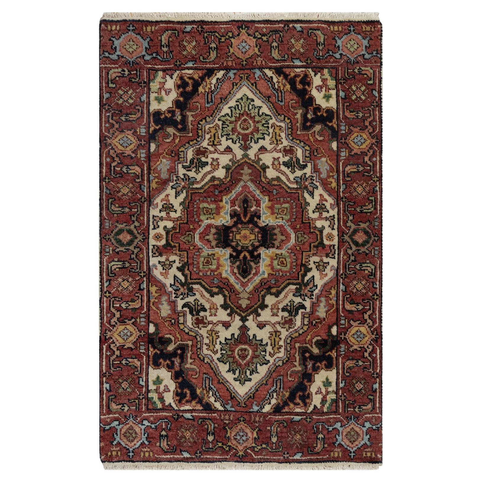 2'x3'1" Ivory Antiqued Fine Heriz Re-Creation Hand Knotted Wool Mat Small Rug