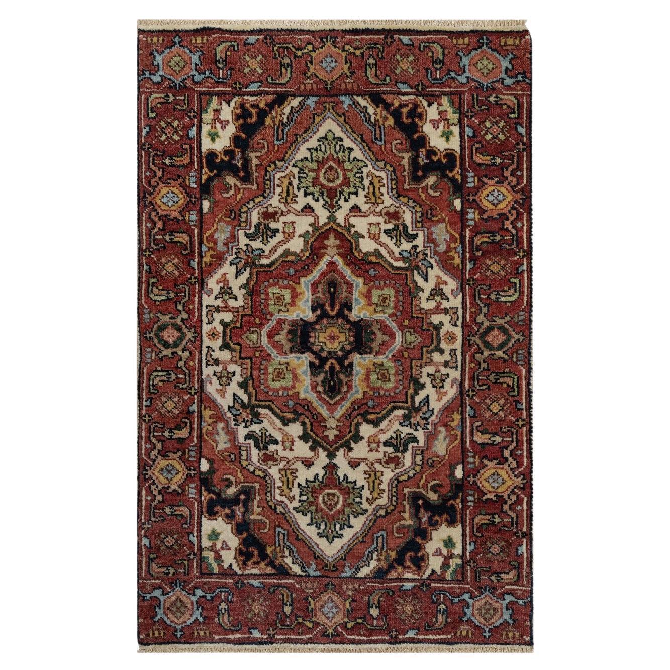 2'x3'1" Ivory Antiqued Fine Heriz Re-Creation Hand Knotsted Wool Small Mat Rug