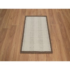 2'x3'1" Ivory Modern Vertical Stripes Design Piled Flat Weave Pure Wool Rug