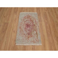 2'x3'1" Ivory-Pink Erased Medallion Design Wool and Silk Hand Knotted Mat Rug