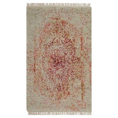 2'x3'1" Ivory-Pink Erased Medallion Design Wool and Silk Hand Knotted Mat Rug