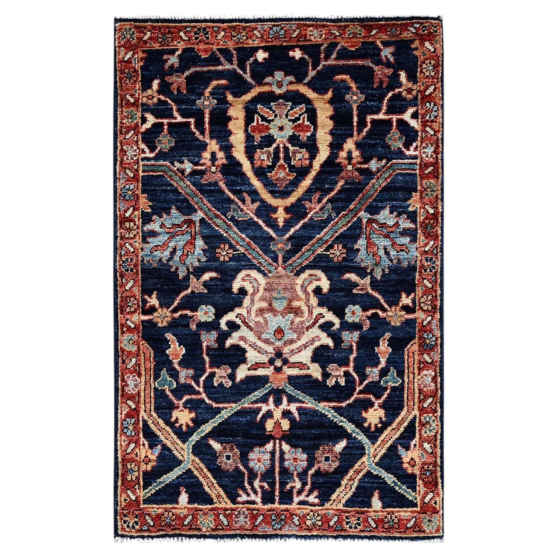 2'x3'1" Navy Blue Heriz All Over Design Aryana Grade Hand Knotted Wool Mat Rug For Sale