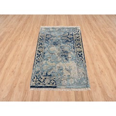 2'x3'1" Navy Blue, Heriz Erased Design Wool and Silk, Hand Knotted Mat Rug