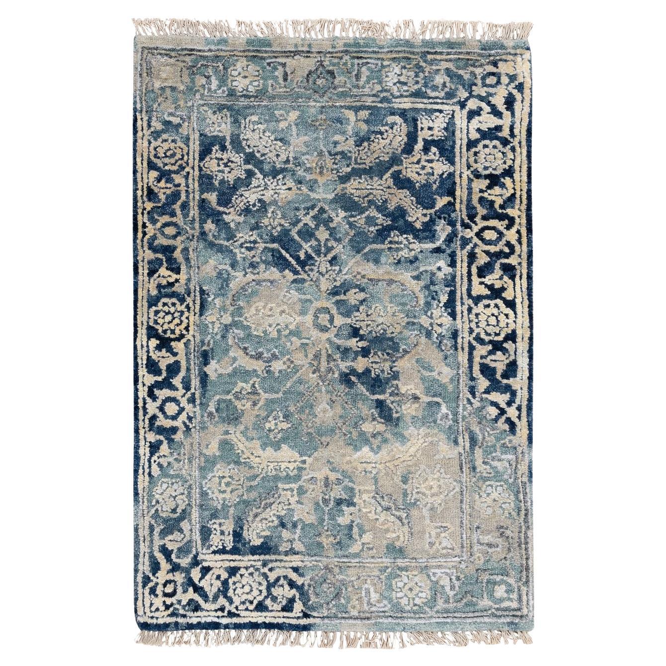 2
x3
1" Navy Blue, Heriz Erased Design Wool and Silk, Hand Knotted Mat Rug