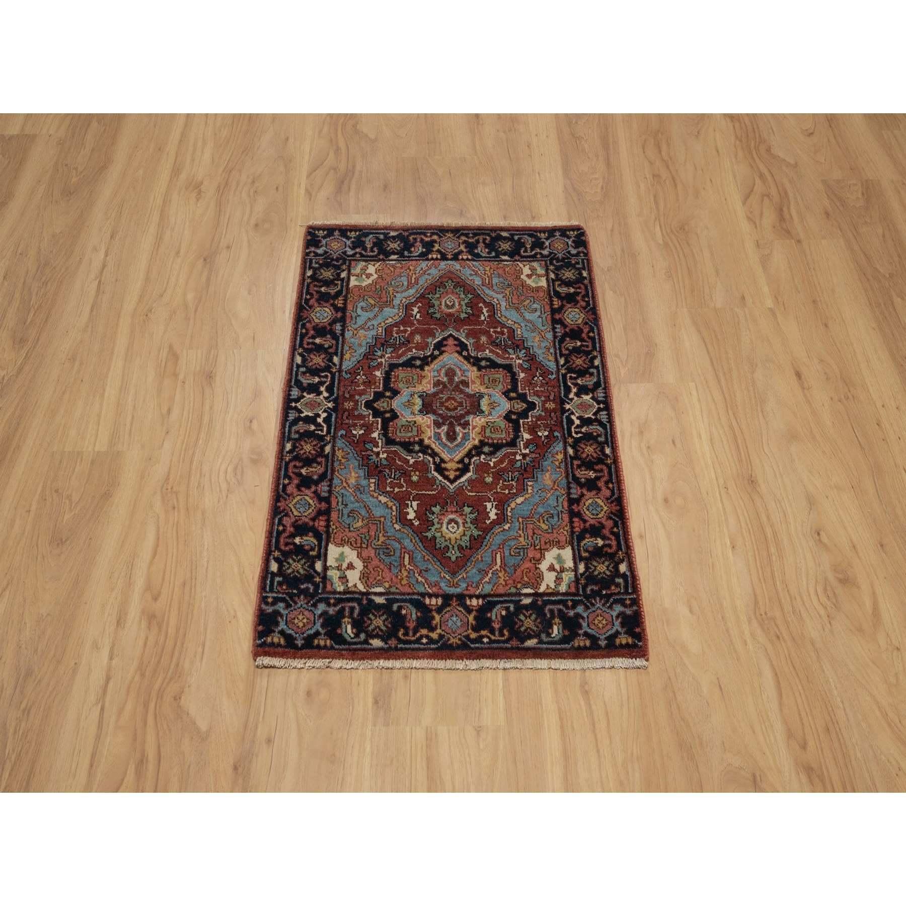 Brick Red, Antiqued Fine Heriz Re-Creation, Hand Spun New Zealand Wool, Hand Knotted, Soft Pile, Vegetable Dyes, Denser Weave, Mat, Sample, Oriental Rug
Primary materials: Wool
Latex: No Pile 
height: 0.25 Inches
Style: Traditional
Primary color: