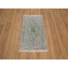 2'x3'1" Silver-Green Erased Medallion Design Hand Knotted Wool & Silk Mat Rug