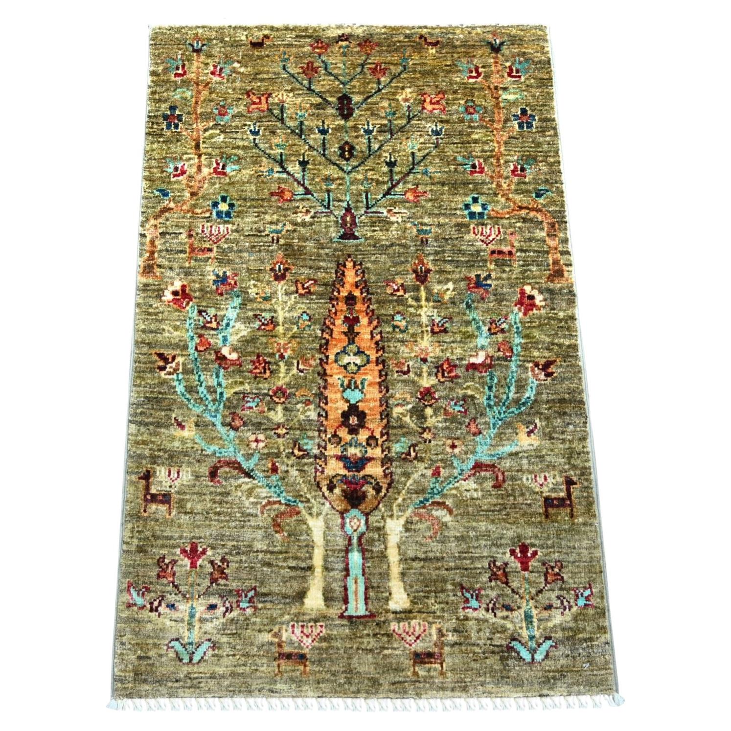 2'x3'1" Stone Gray Afghan Sultani Cypress Tree Design Wool Hand Knotted Rug