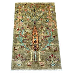 2'x3'1" Stone Gray Afghan Sultani Cypress Tree Design Wool Hand Knotted Rug