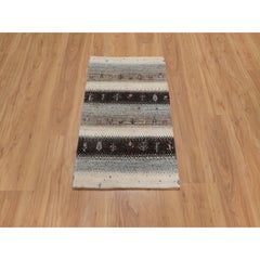 2'x3'1" White Hand Knotted Lori Buft Gabbeh with Tree Design Pure Wool Mat Rug