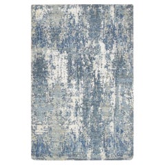 2'x3'2" Blue Abstract Design Denser Weave Wool and Real Silk Hand Knotted Rug