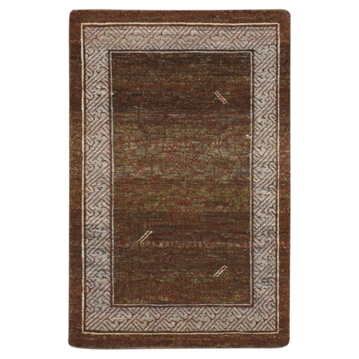 2'x3'2" Brown Hand Knotted Khotan Influence Intricate Design Pure Wool Mat Rug For Sale