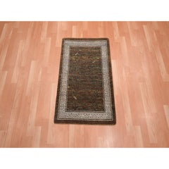 Alfombra de lana pura tejida a mano, de 2'x3'2", de color marrón, con influencia de Khotan y diseño intrincado
