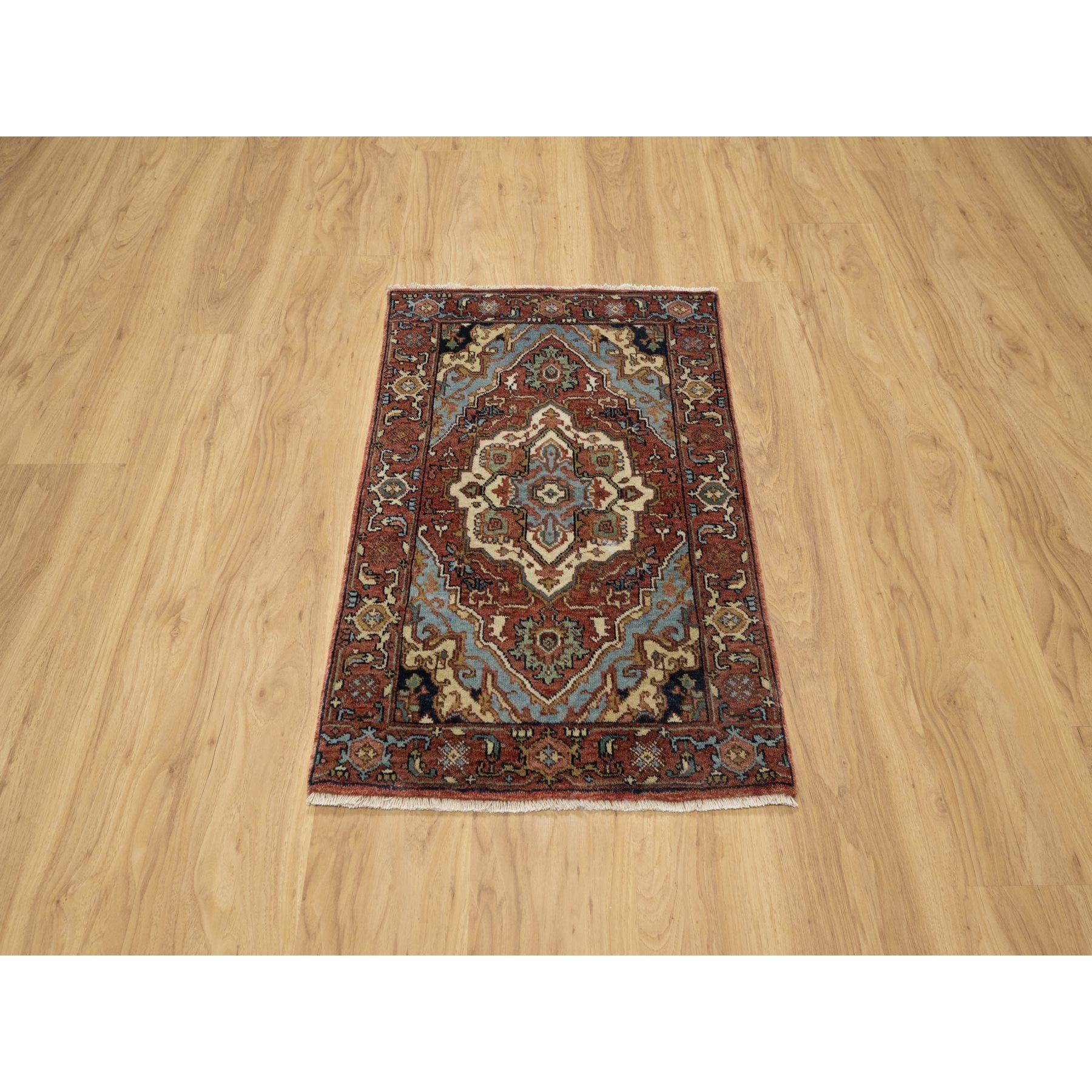 Carmine Red, Antiqued Fine Heriz Re-Creation, Hand Spun New Zealand Wool, Hand Knotted, Denser Weave,Natural Dyes, Mat, Oriental Rug
Primary materials: Wool
Latex: No Pile 
height: 0.25 Inches
Style: Traditional
Primary color: Red
Secondary colors: