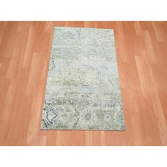 2'x3'2" Cloud Gray Wool & Silk Oushak Design Hand Knotted Mat Sample Rug