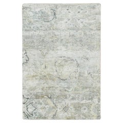 2'x3'2" Cloud Gray Wool & Silk Oushak Design Hand Knotted Mat Sample Rug